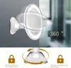 A makeup mirror with LED lighting attached to a wall with a suction cup, demonstrating its 360-degree rotation and locking mechanism. Produktbild-Vorschau