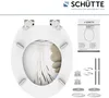 A white toilet seat with a decorative insert and accompanying installation instructions and hardware. Náhled obrázku produktu