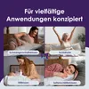 A collage of four images showing different uses of a body pillow, with text overlays describing each use. Produktbild-Vorschau