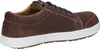 A side view of a brown Birkenstock shoe with white soles and blue laces. Produktbild-Vorschau