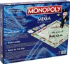 The back of a Monopoly Mega Edition board game box, showing game features and illustrations. Produktbild-Vorschau
