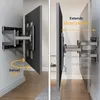 A split image showing a TV wall mount from different angles, demonstrating its swivel and extension capabilities. Produktbild-Vorschau