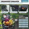 A collage showing different compartments of a shopping trolley and its capacity in milk cartons. Produktbild-Vorschau