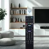 A remote control is placed in the foreground of a living room setting with shelves of books and a television in the background. Produktbild-Vorschau