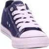 A close-up studio shot of a single navy blue canvas sneaker with white laces and a white sole. Produktbild-Vorschau