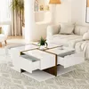 A modern living room with a white sectional sofa, a white and brown coffee table with drawers pulled out, and a large potted plant. Náhľad obrázku produktu