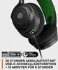 Close-up of a black and green gaming headset with promotional text and icons below. Produktbild-Vorschau