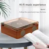 A retro-style music player is shown on a table next to an open book, with text overlays promoting a hi-fi music experience. Produktbild-Vorschau