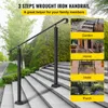A wrought iron handrail is shown on a set of outdoor stairs, with inset images illustrating its use in various settings like a garden, home, hotel, and porch. Podgląd zdjęcia produktu