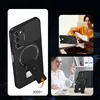 A collage of images showing a phone case with a magnetic stand, a person playing guitar with the phone case on a table, and a person on a video call with the phone case on a desk. Produktbild-Vorschau
