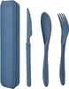 A set of blue reusable cutlery with a case, laid out on a white background. Produktbild-Vorschau