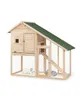 A wooden rabbit hutch with a green roof, shown on a white background. Produktbild-Vorschau
