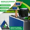 A person is holding a folded table tennis table, with graphics highlighting its features and portability. Produktbild-Vorschau