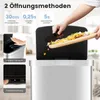 A person is shown using a smart trash can with a knife and cutting board, demonstrating how to dispose of food scraps. The image also highlights the trash can's features with text overlays. Podgląd zdjęcia produktu