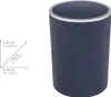 A dark blue trash can with a silver rim and lid, shown next to a diagram with dimensions. Produktbild-Vorschau