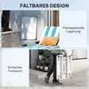 Collage showing a white foldable table being stored and transported, with text overlays in German highlighting its features. Produktbild-Vorschau