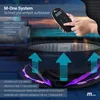A person is holding a remote control for an inflatable hot tub, with graphics indicating air jets and LED lighting. Produktbild-Vorschau