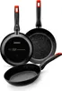Three black frying pans with red accents on their handles, arranged diagonally against a white background. Náhľad obrázku produktu