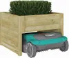 A robotic lawnmower is parked under a wooden planter box filled with greenery. Podgląd zdjęcia produktu