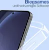 Close-up of a smartphone with a transparent phone case partially covering it, against a light blue background. Produktbild-Vorschau