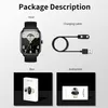 This image displays the contents of a smartwatch package, including the watch itself, a charging cable, and the product box and instructions. Náhled obrázku produktu