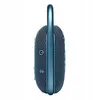 A side view of a blue JBL CLIP 4 Bluetooth speaker with its carabiner clip extended. Voir les images du produit