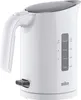 A white electric kettle with a gray lid and handle, shown from a side angle against a white background. A water level indicator is visible on the side of the kettle. Produktbild-Vorschau