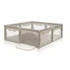 A beige and gray playpen with mesh sides and a clear plastic flap on a white background. Produktbild-Vorschau