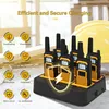 A charging station with multiple walkie-talkies, surrounded by icons indicating safety features. Anteprima dell’immagine prodotto