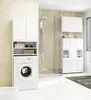 A modern bathroom with a washing machine, shower, and storage cabinets. Produktbild-Vorschau