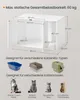 A diagram showing a white cat litter box cabinet with dimensions, followed by images of different cat litter boxes and cat breeds. Produktbild-Vorschau