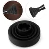 A collage of images showing a black hair dryer diffuser attachment, with close-ups of it attached to hair and in its collapsed state. Voir les images du produit