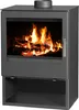 A black wood-burning stove with a glass door showing a fire inside and a storage compartment below. Náhled obrázku produktu