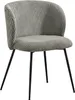 A studio shot of a gray corduroy dining chair with black metal legs.