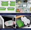 A collage of images showing foldable silicone food containers in various settings: stacked, in a refrigerator, in a microwave, and in a dishwasher. Produktbild-Vorschau