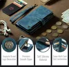 A blue wallet-style phone case is displayed on a brown surface, surrounded by coins, cash, and earbuds. Anteprima dell’immagine prodotto