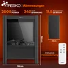 A marketing image showing an electric fireplace with its dimensions and specifications, along with a remote control. Náhľad obrázku produktu