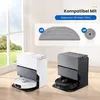 Two robot vacuum docking stations, one white and one black, are shown in a room with a window. Above them, there is a marketing graphic showing compatible accessories for a Roborock S8 MaxV Ultra. Produktbild-Vorschau