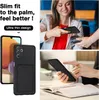 Collage showing a woman making a contactless payment with her phone, a close-up of a phone case with a card slot, and a person using a phone with the case. Produktbild-Vorschau