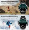 A split image showing a smartwatch with health monitoring features, with lifestyle shots of people running and skiing. Produktbild-Vorschau