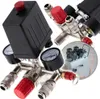 A collage of air compressor parts, including a pressure switch, gauges, and a small compressor in the background. Produktbild-Vorschau