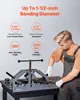 A man is using a manual pipe bender to bend metal tubes, with various specifications displayed around the image. Podgląd zdjęcia produktu