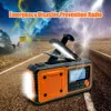 A portable emergency radio with a flashlight and a person in the background during a storm. Náhled obrázku produktu
