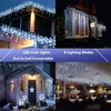 A collage of images showing white LED icicle lights used for Christmas decoration on houses, windows, and indoors. Produktbild-Vorschau