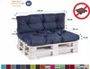 A dark blue pallet cushion set on a white wooden pallet, with dimensions indicated by arrows and text. Voir les images du produit