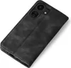 A black flip case for a smartphone is shown from a diagonal top-down view on a white background. Produktbild-Vorschau