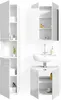A collection of white high-gloss bathroom furniture, including a tall cabinet, a wall-mounted cabinet, and a vanity with a sink. Náhled obrázku produktu