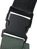 A close-up of a black plastic buckle connecting two straps, one black fabric and one dark green. Produktbild-Vorschau