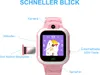 A pink smartwatch is shown with labels pointing to its features. Produktbild-Vorschau