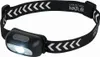 A black headlamp with a white and black patterned strap, shown against a white background. Produktbild-Vorschau